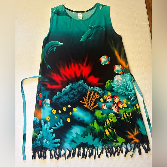 Vibrant Ocean-Themed Sleeveless Island Barrier Reef Dress Sz-L.  AA10 - Picture 4 of 8